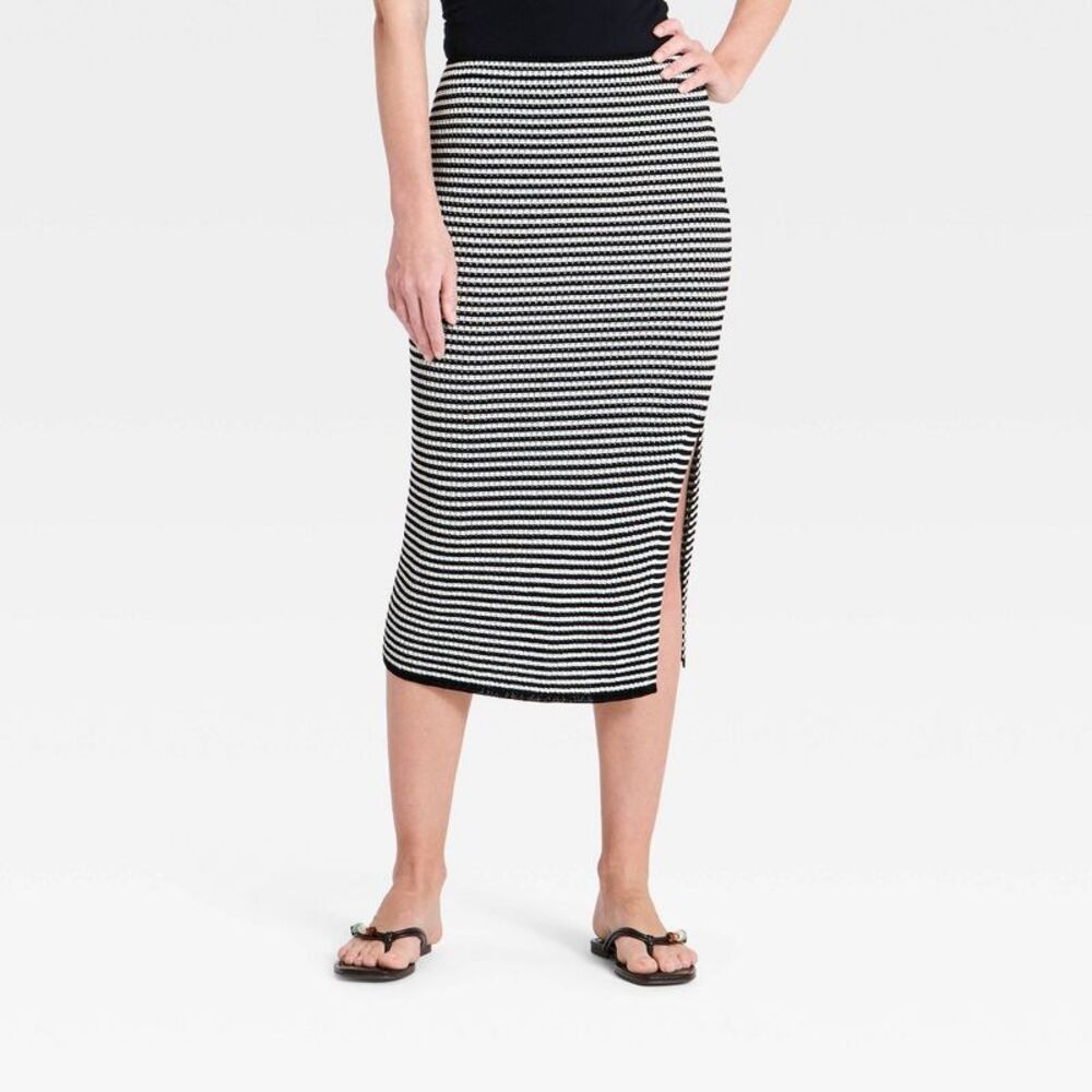 Women's Sweater Midi Skirt - A New Day Black/White Striped XL